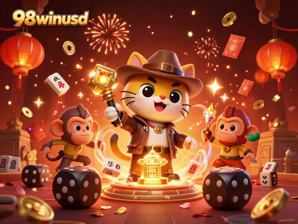 Engage with 98winusd as an adventurous archaeologist cat uncovers golden casino artifacts amid festive elements.