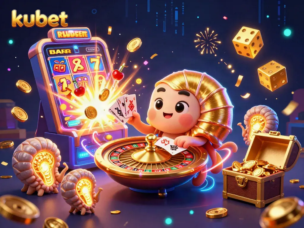 Kubet casino features a giant nautilus roulette with vibrant gaming elements bursting in a dynamic scene.
