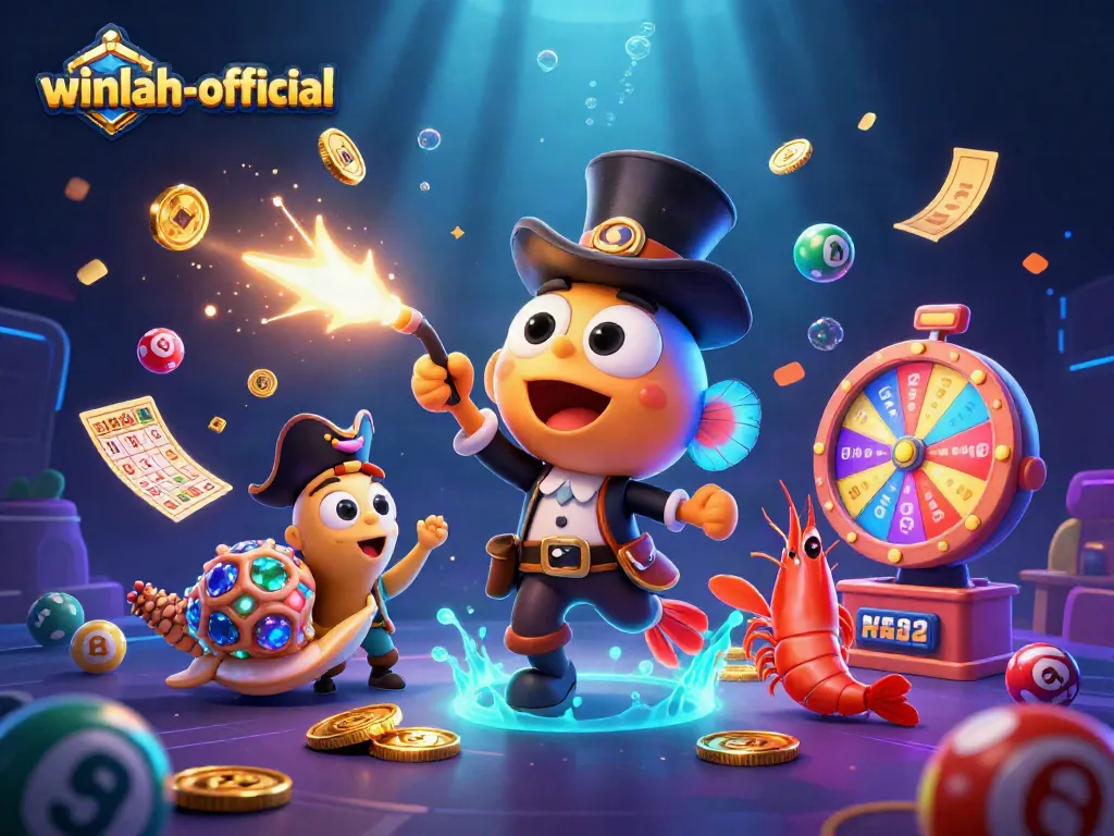 Engage with winlah-official as animated characters attract coins amidst a vibrant gambling scene.