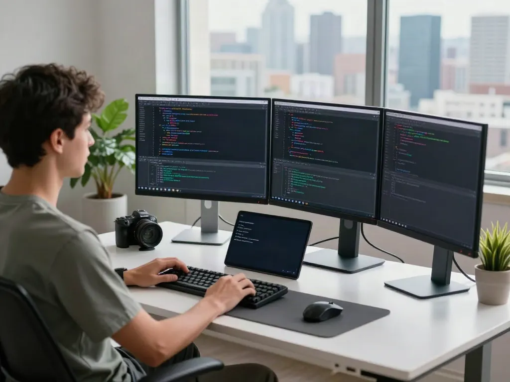 Brave web developer coding in modern workspace with dual monitors