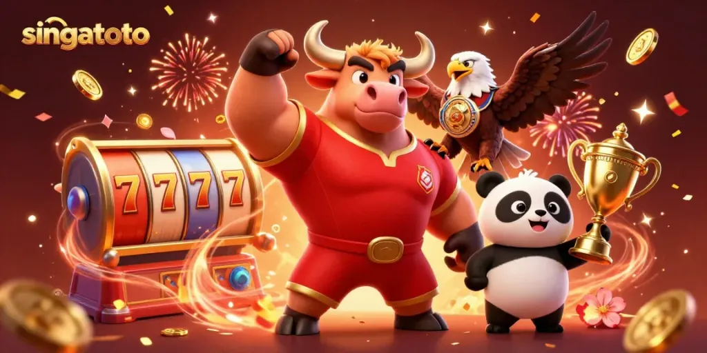 Experience exciting wins with singatoto as a victorious bull mascot celebrates gaming triumphs.