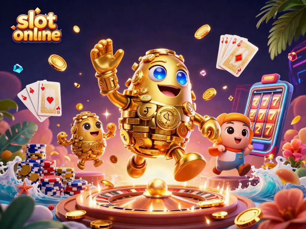 Bermain slot online dengan golem emas dan simbol mesin slot, dikelilingi koin emas yang berkilauan.