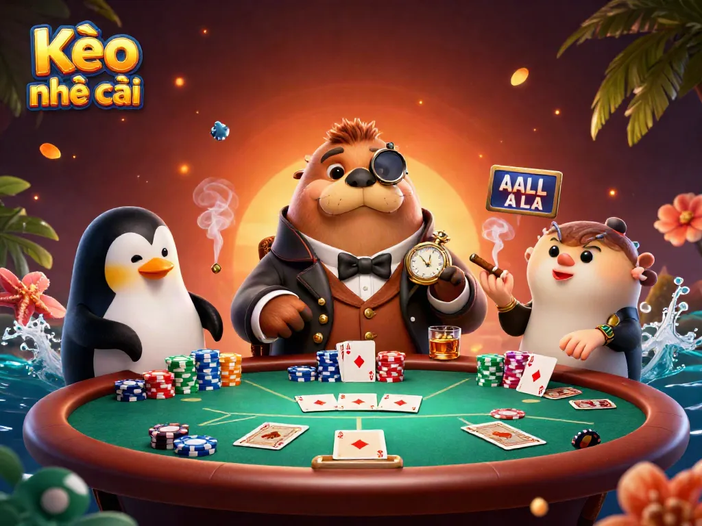 Engage in thrilling Kèo nhà cái gameplay featuring a jolly walrus and friends at an underwater poker table.
