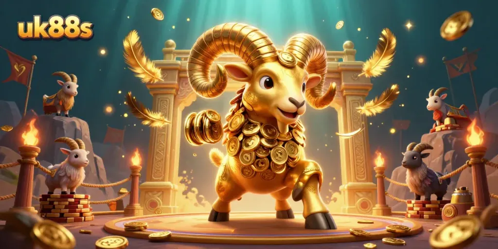 Join the action at uk88s, where a majestic golden ram charges through a vibrant casino scene.