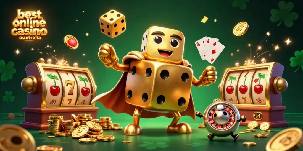 Engage with the best online casino Australia scene featuring a golden dice golem, slot reels, and vibrant coins.