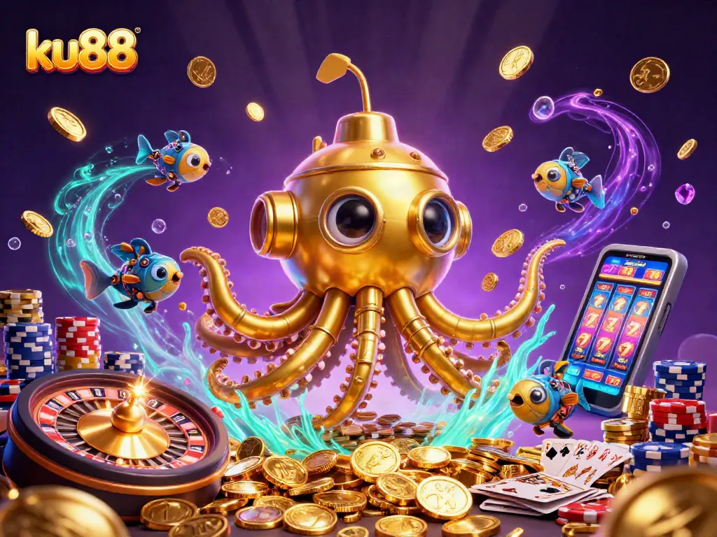 ku88 offers thrilling underwater gambling adventures, featuring a golden kraken and sparkling casino elements.
