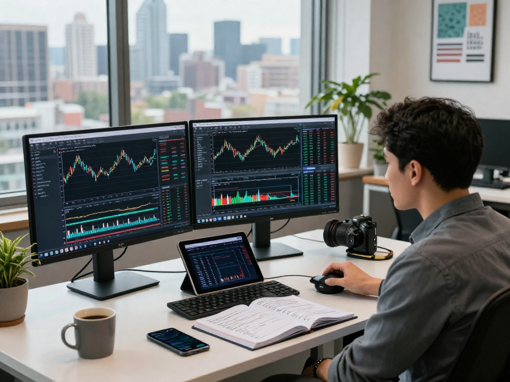 Financial analyst using MetaTrader 5 for trading analysis in a modern workspace.