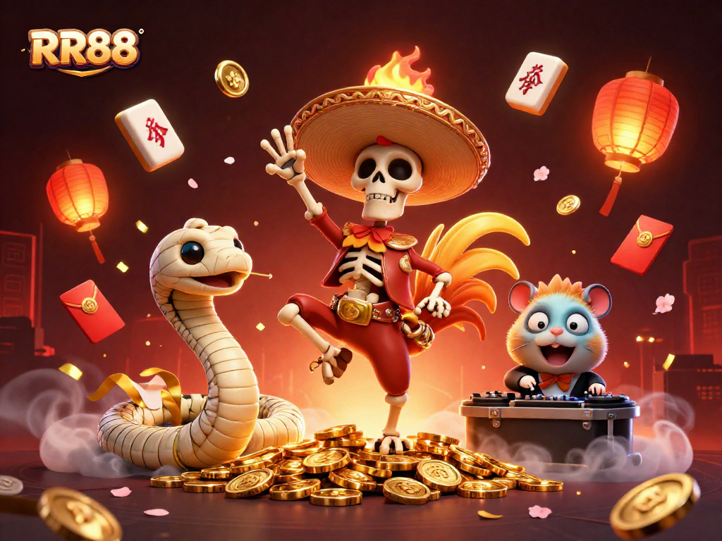RR88 offers thrilling gaming experiences with vibrant characters celebrating on a golden coin pile.