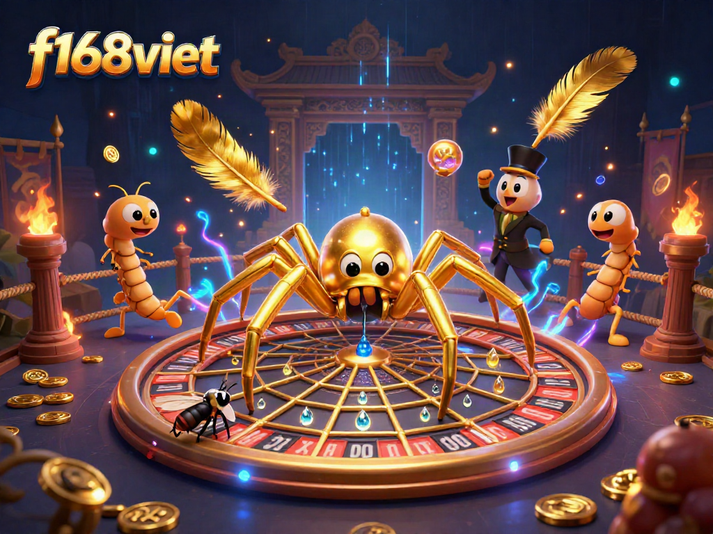 Engage in thrilling bets with f168viet’s vibrant casino scene featuring a golden spider and croupier