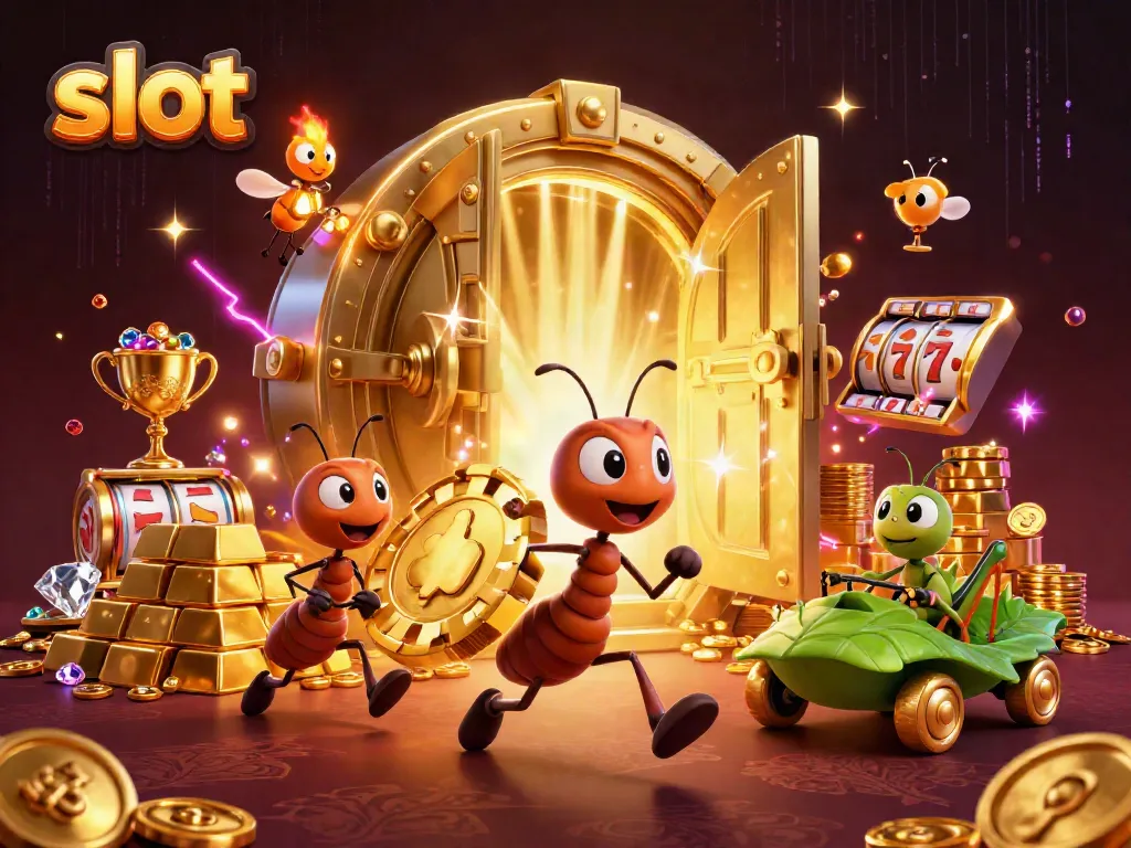 Ants carrying a giant golden poker chip in a vibrant 3D casino scene featuring slot elements.