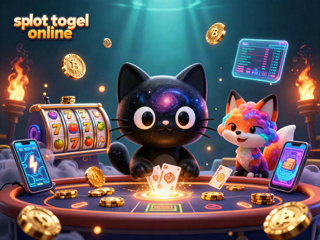 Menggulung chip emas dan kartu di meja kasino, slot togel online menampilkan kucing hitam 3D dan rubah nebula berwarna-warni.