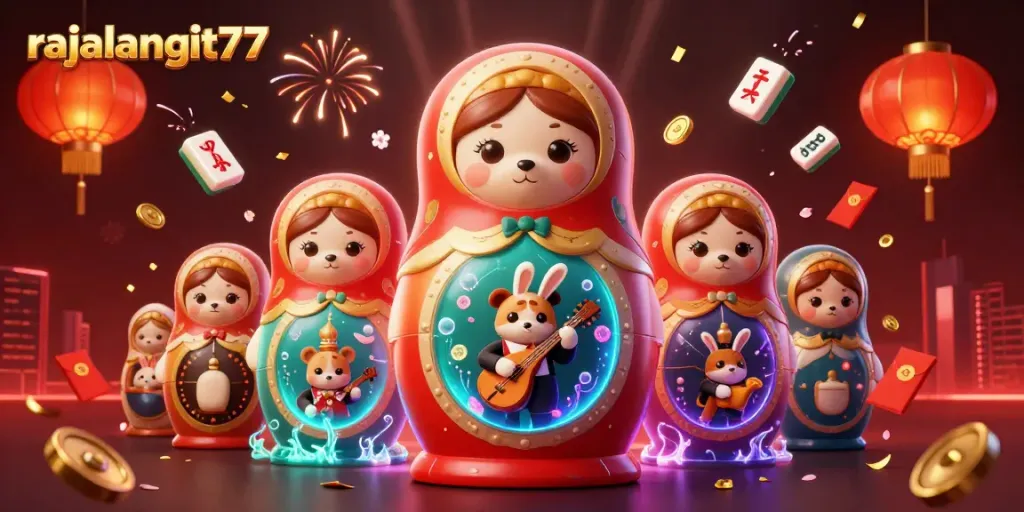 Permainan mahjong yang menarik di rajalangit77 dengan karakter bercahaya dan efek kembang api.
