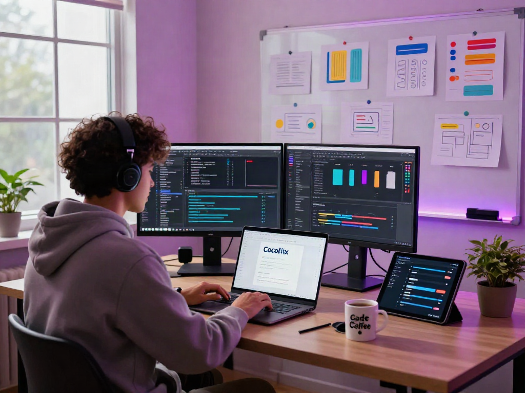 The cocoflix app displayed on a laptop in a modern tech workspace, showcasing a vibrant development environment.