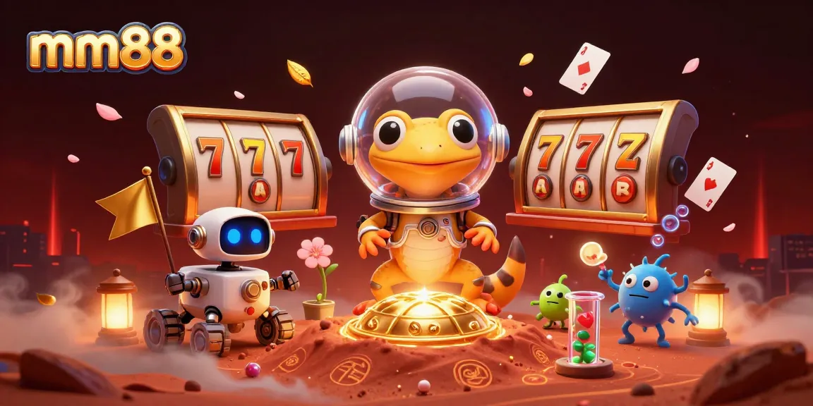 mm88 Martian gecko uncovers a golden casino with exciting gaming elements in a vibrant scene.