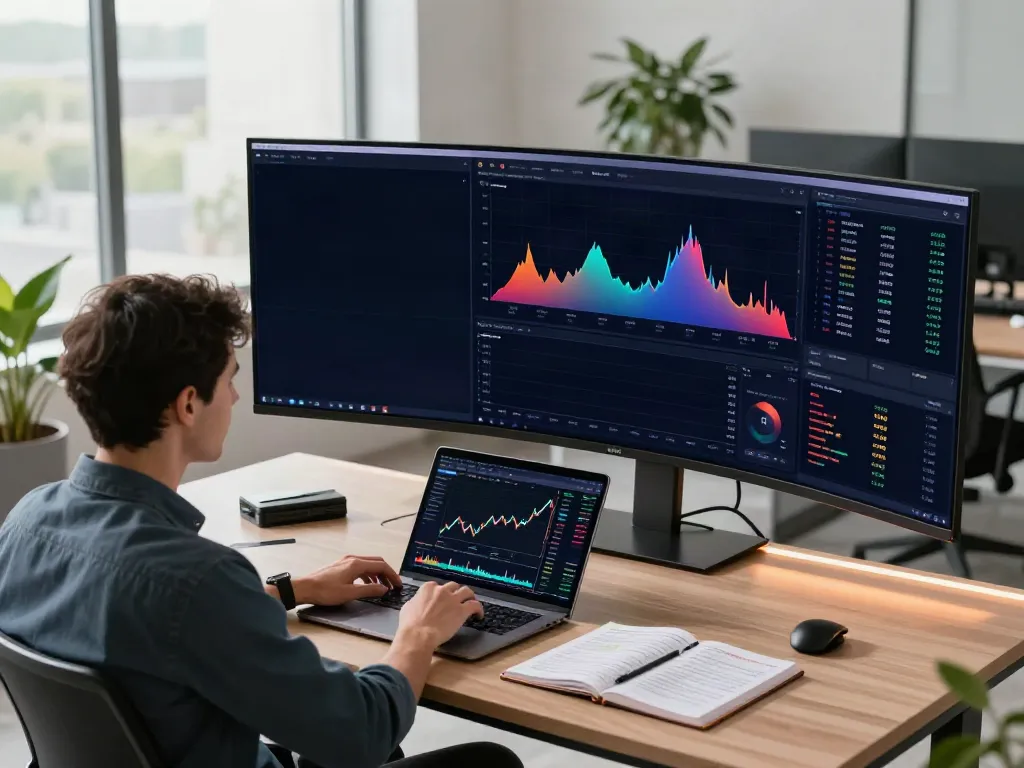 Real-time financial data API displayed on multiple monitors in a modern cryptocurrency trading setup with advanced analytics tools.
