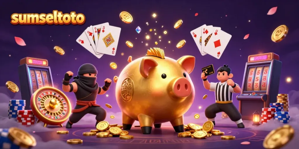 Engaging cartoon illustration featuring sumseltoto characters in a vibrant casino scene with gold coins and gems.
