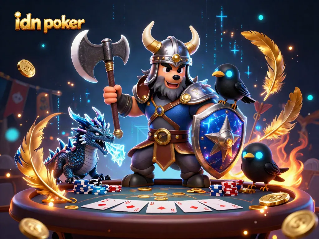 Experience thrilling idn poker gameplay with Viking wolf warrior, fierce dragon, and vibrant casino elements.