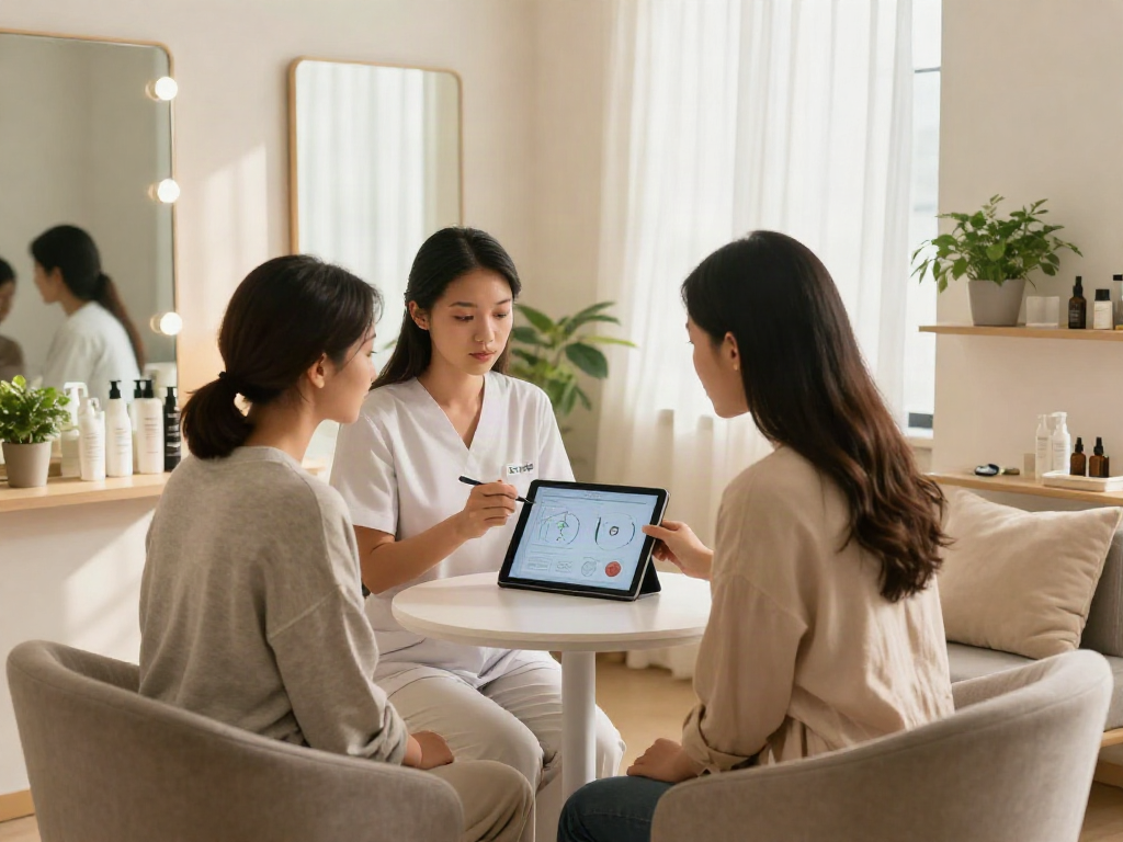 Client consultation on personalized facial analysis with ClinicEvo cheaper than QOVES in a bright, inviting room.