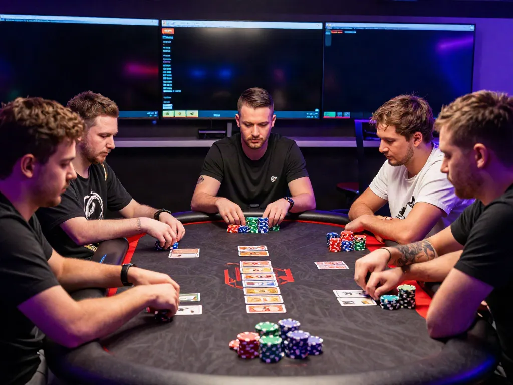 Cảnh người chơi poker tập trung vào bàn với chip màu sắc và ánh sáng neon, liên quan đến n188.
