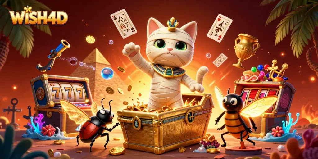 Experience the thrill with WISH4D's Egyptian mummy cat bursting through a casino, flaunting wealth and excitement.