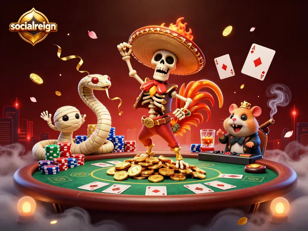 Experience socialreign's thrilling victory with a festive skeleton and casino elements illustrating big wins!