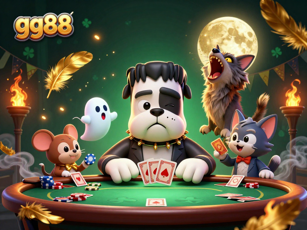 Engage with the thrilling atmosphere of gg88 as a monster dealer manages poker cards at a lively casino.