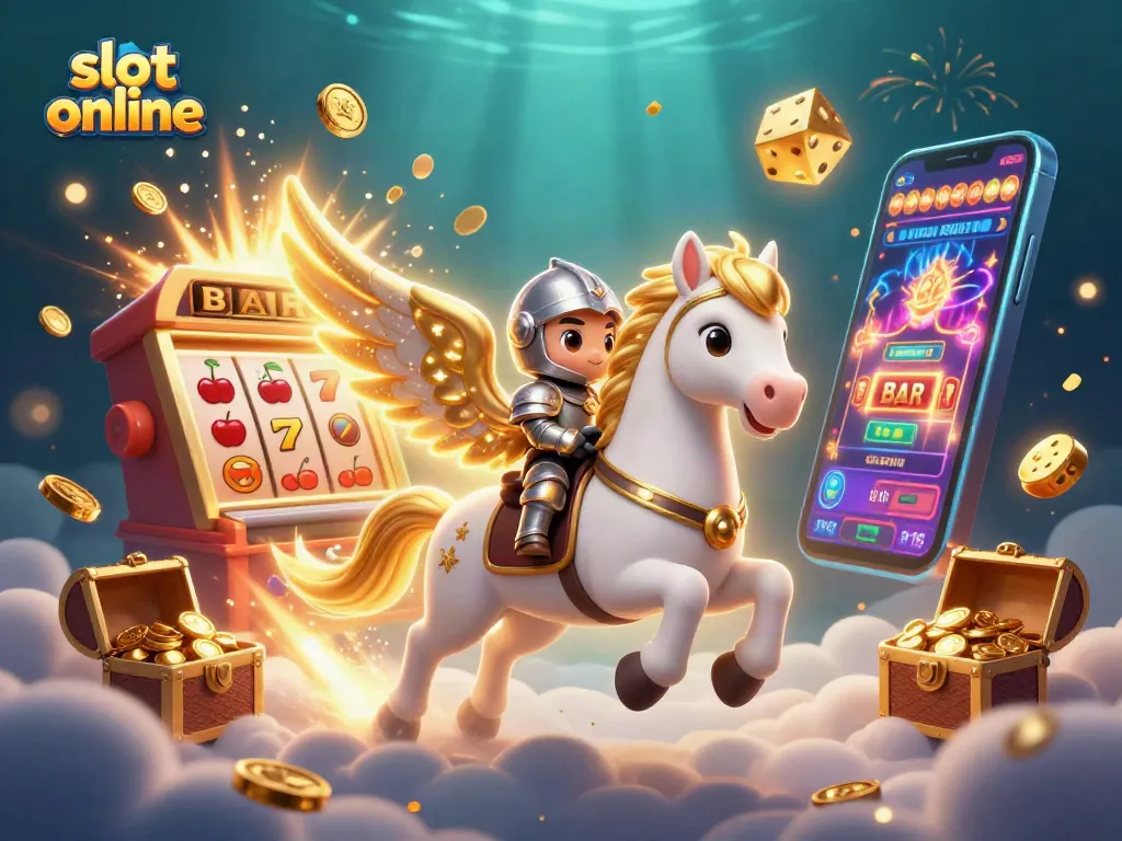 Experience the excitement of slot online gameplay with a vibrant 3D scene of jackpots and golden coins.