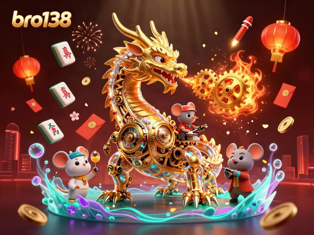 Engage with bro138’s animated slots experience featuring a gold dragon amidst vibrant casino elements.