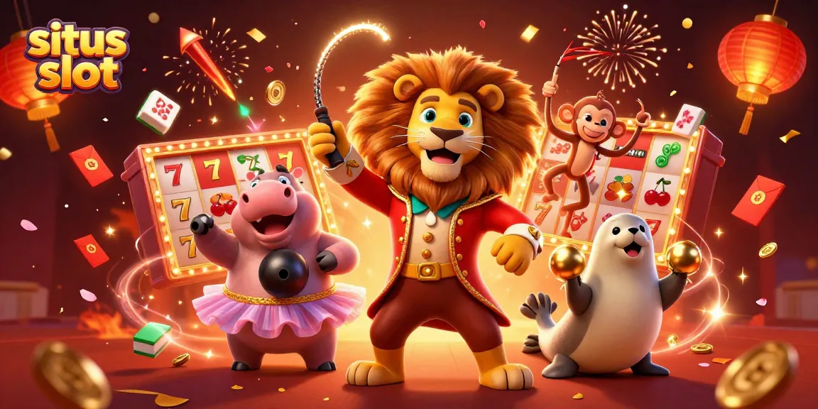 Visual ceria situs slot dengan singa ringmaster, hippo dan monyet dalam suasana meriah.
