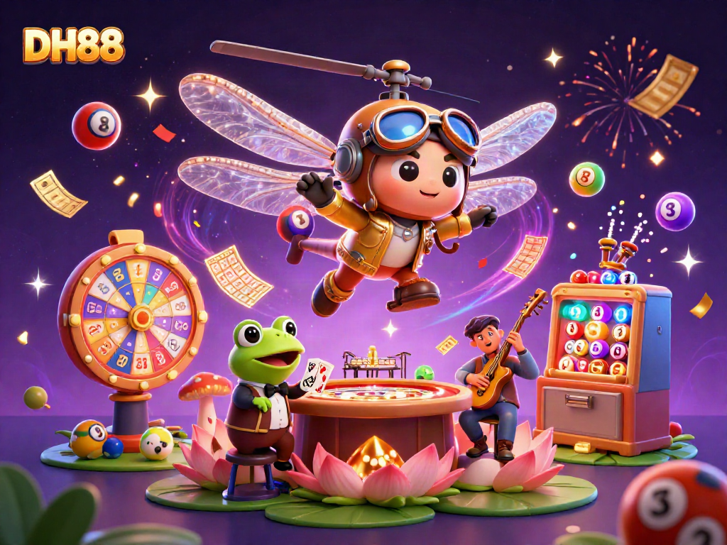 DH88 invites players to a lively casino scene with a dragonfly pilot and frog croupier.
