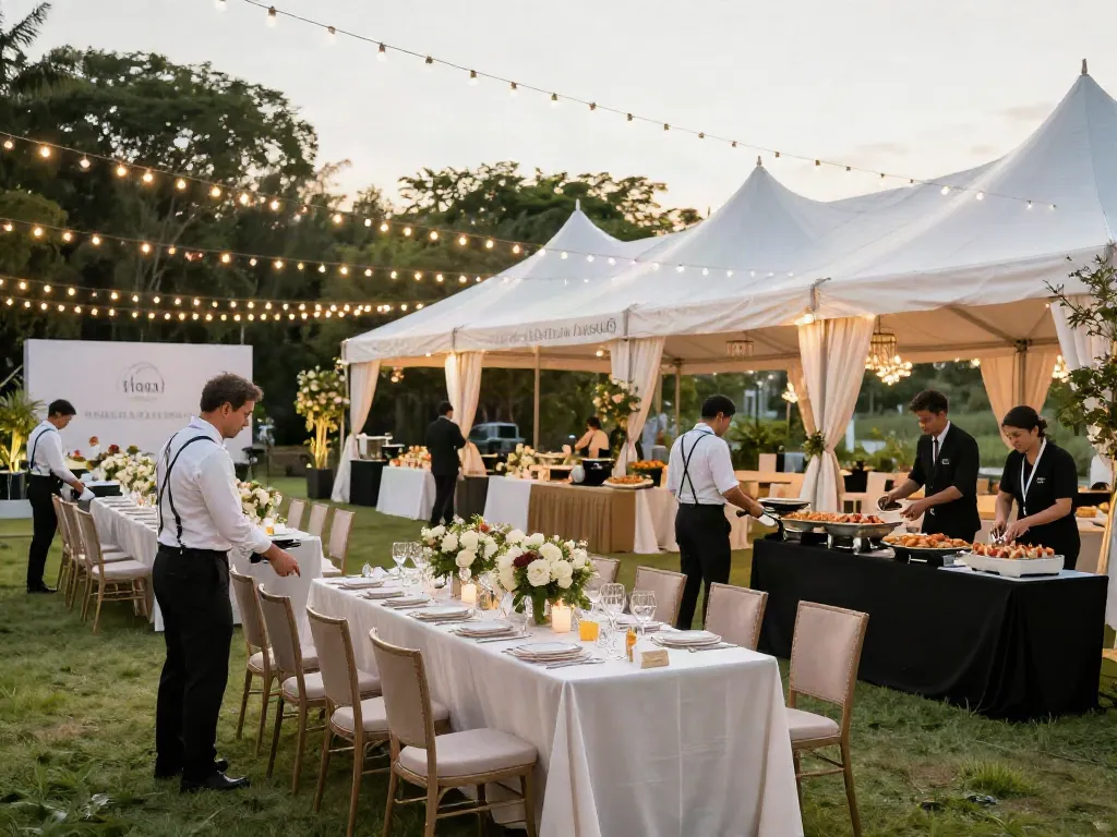 Event rentals setup with premium tents and elegant seating for a corporate gathering.