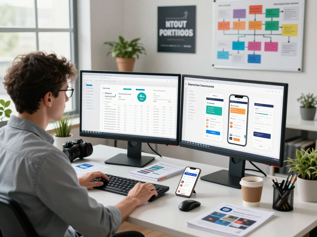 Purchase app downloads in a modern marketing workspace with dual monitors and analytics, highlighting app success strategies.