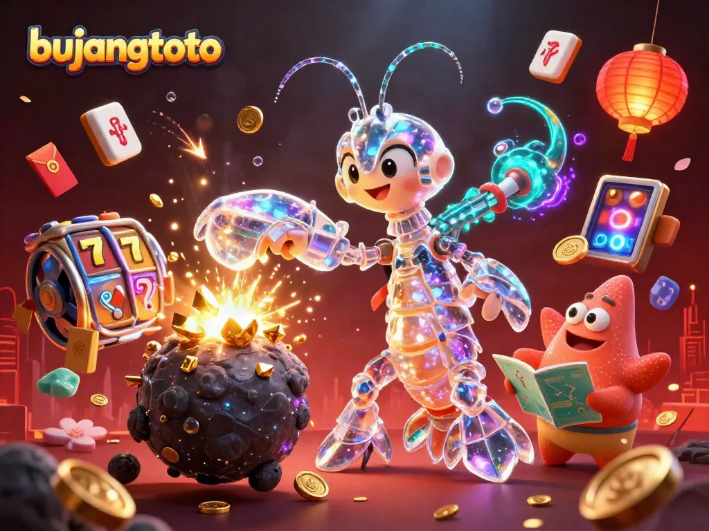 Bujangtoto showcases an epic scene with a cosmic samurai, golden winnings, and slot machine elements.