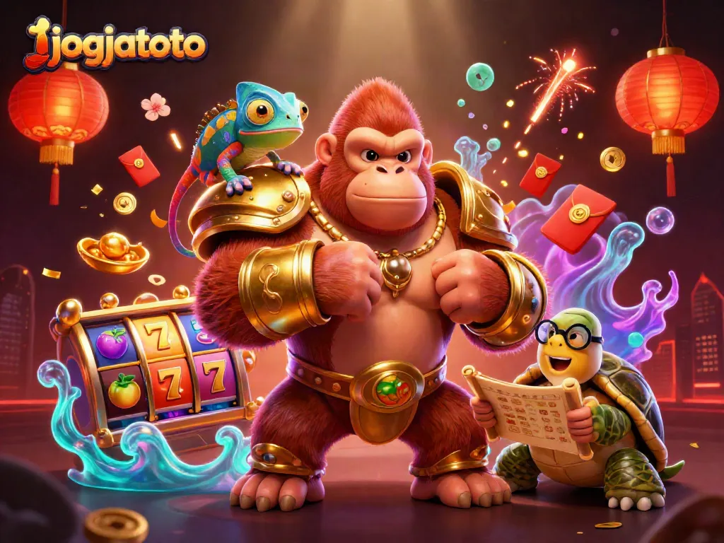 Experience the thrill of jogjatoto slots with a vibrant 3D illustration featuring a gorilla king and colorful game elements.