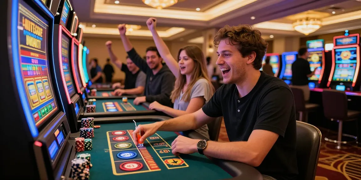 Engaged player at casino table celebrating slot deposit 5k win amidst vibrant atmosphere.
