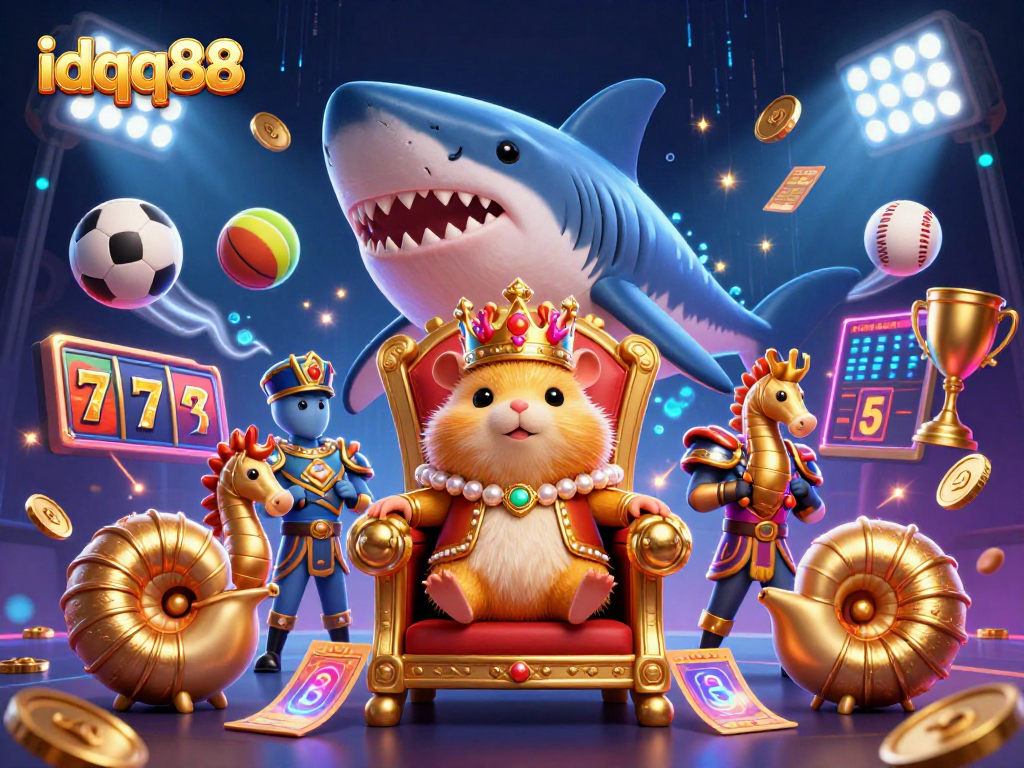 Play exciting slots at idqq88 with a fierce golden hamster king in a vibrant, animated casino scene.