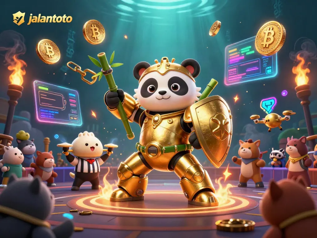 Gambarkan jalantoto dalam suasana kasino dengan panda emas dan robot bertarung yang dikelilingi simbol mata uang kripto.