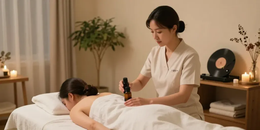 수원토닥이에서 편안한 마사지 세션을 준비하는 여성 테라피스트 모습