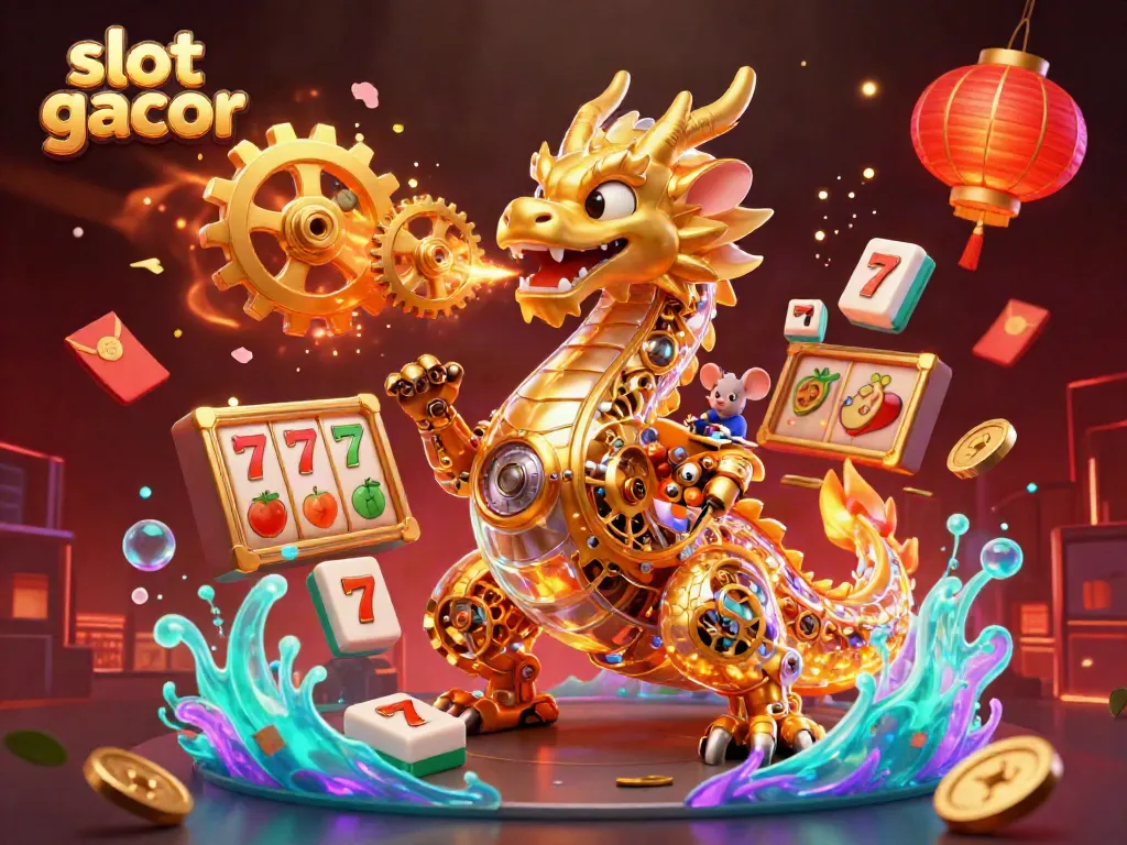 Experience the thrill of slot gacor with a biomechanical dragon and vibrant casino elements.