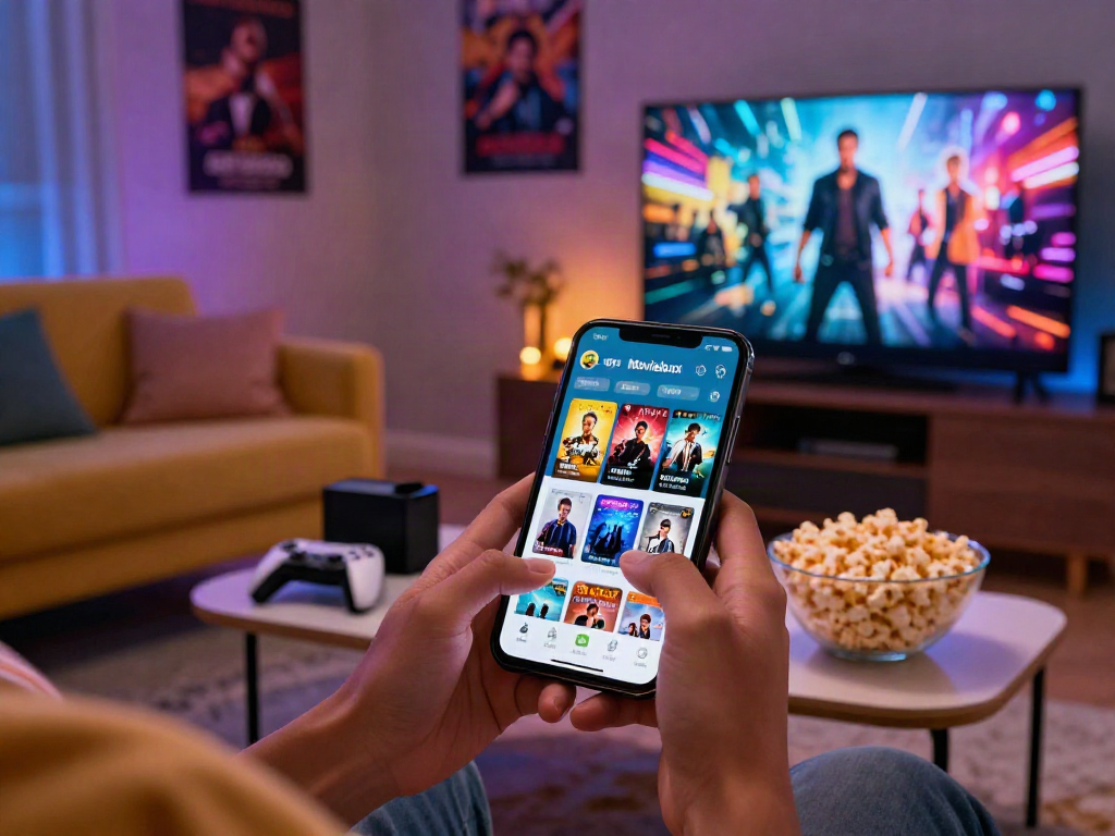 Discovering movie options with the Moviebox apk in a cozy living room environment.