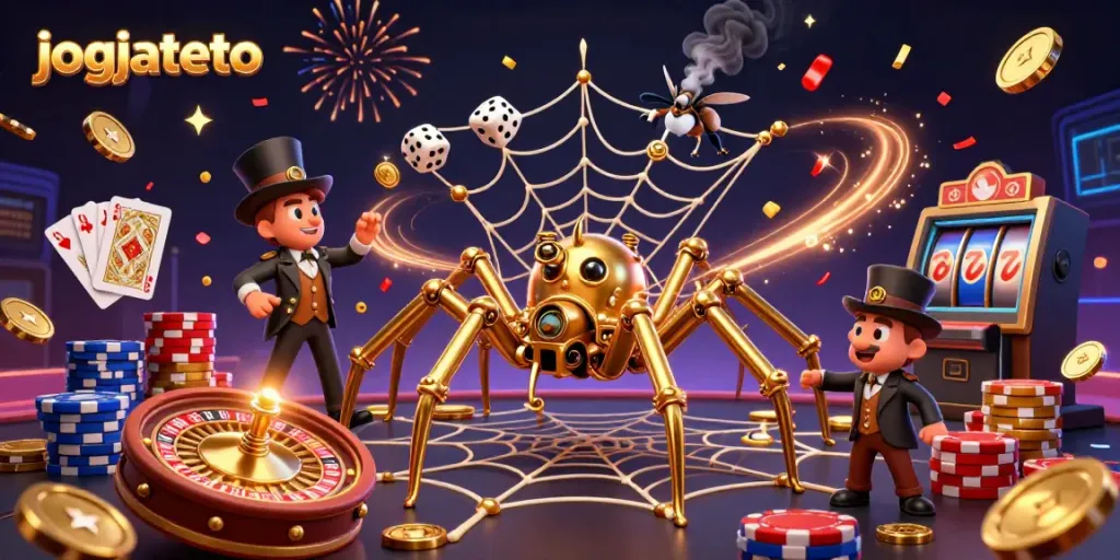 Engage with jogjatoto's exciting gaming scene featuring a steampunk spider and vibrant casino elements.