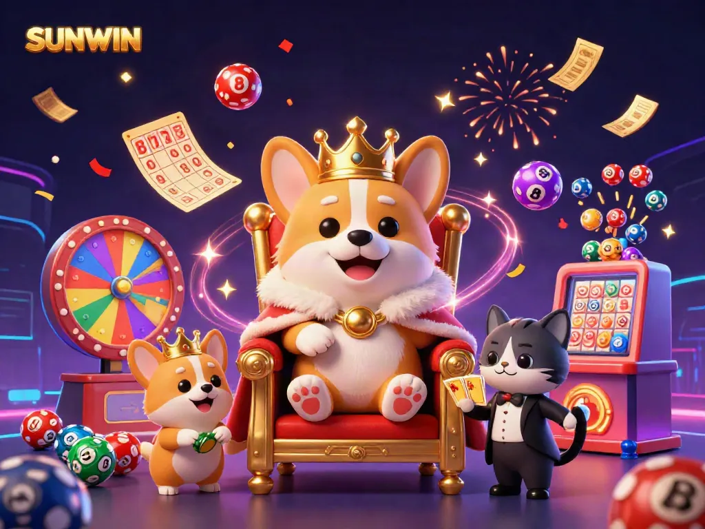 SUNWIN displays a royal corgi on a poker chip throne, surrounded by vibrant casino elements.