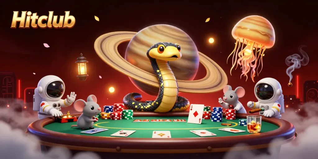 Hitclub engages players with thrilling cosmic casino games featuring a roulette wheel and vibrant characters.