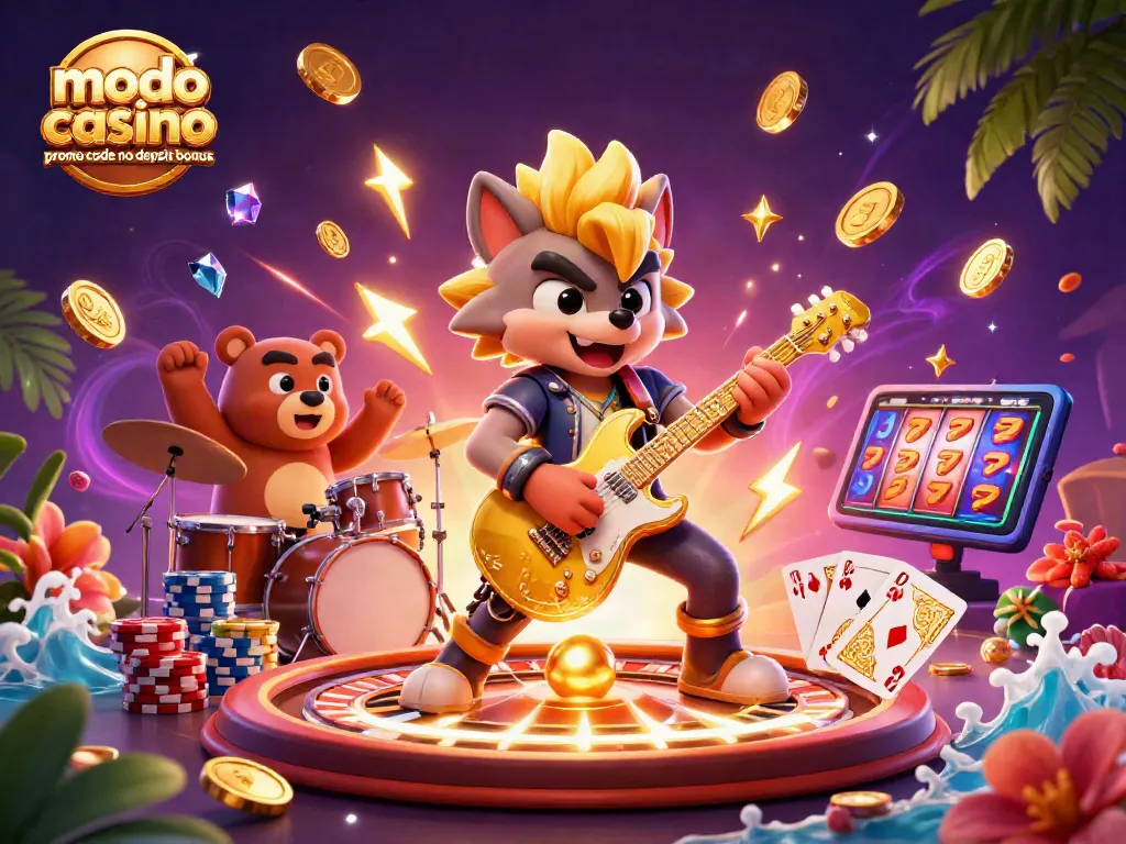 Experience the excitement of Modo Casino promo code no deposit bonus with a dynamic casino scene featuring rock star wolf and vibrant gaming elements.