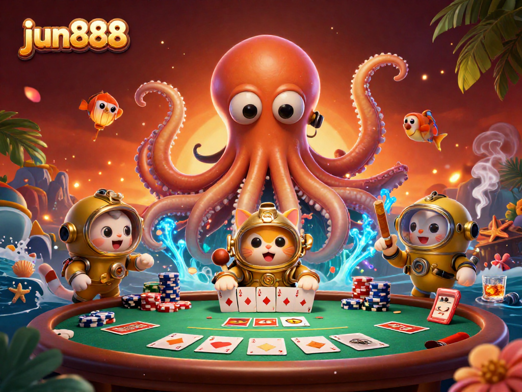 Experience thrilling games at jun888 with a colossal kraken and vintage diving cat in a vibrant scene.