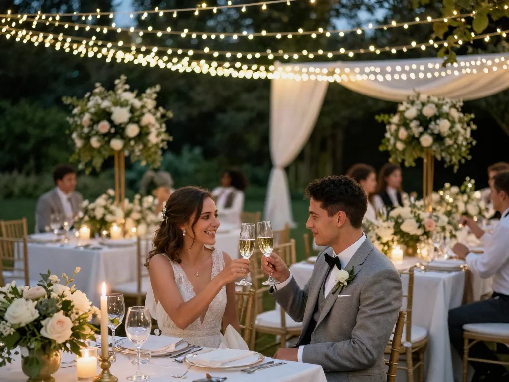 Beautiful outdoor wedding reception showcasing exquisite event rentals with lush decor and elegant details.