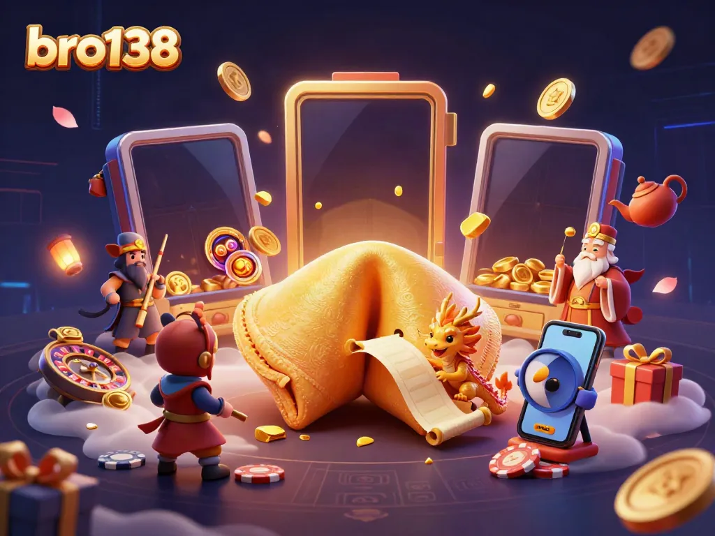 Experience thrilling slots and jackpots with bro138's giant golden fortune cookie scene, captivating magic and gold.