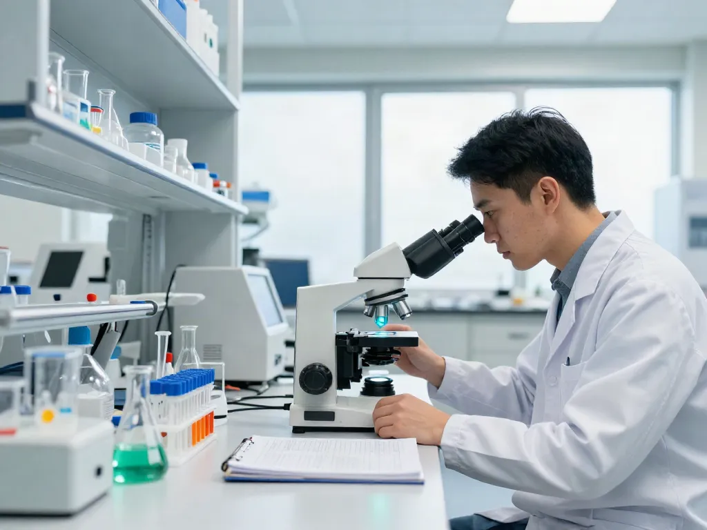Researcher examining glow peptide under microscope in modern lab.