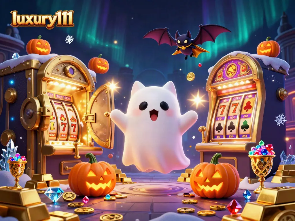 Experience thrilling gaming with luxury111 in this vibrant haunted casino scene filled with treasures and slot magic.