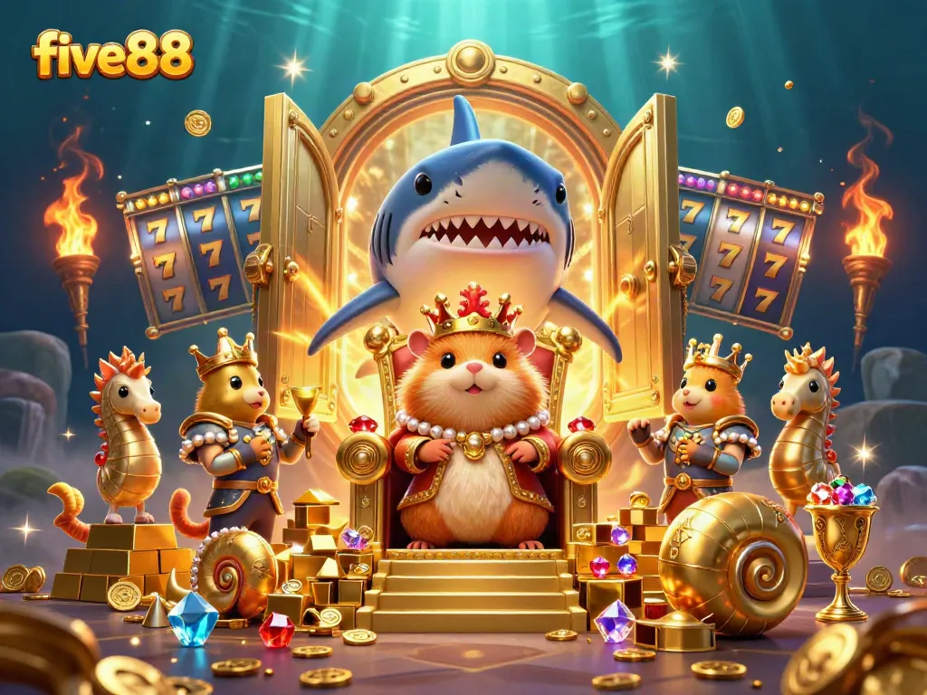 Experience five88's vibrant gaming world with a golden hamster king and slot elements amidst treasure.